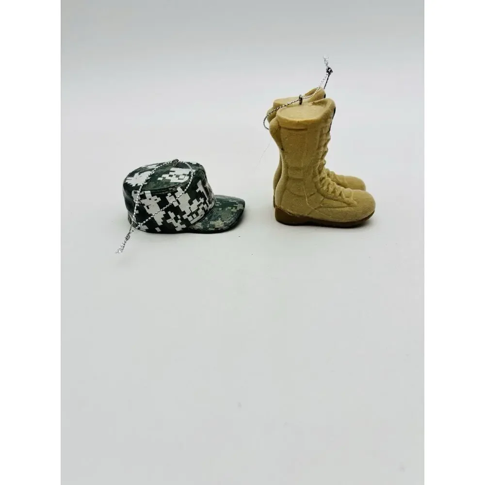 United States Army Christmas Ornament Lot Of 2 Hat And Boots Patriotic VG Cond